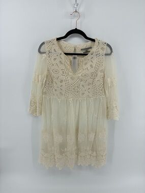 White Sheer Embroidered Elegant Lace Dress with Gold Trim